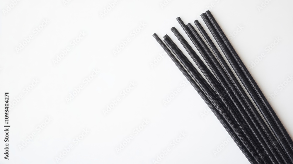 Elegant black wooden chopsticks arranged neatly on a clean white background, showcasing their smooth finish and minimalist design. Elegant black wooden chopsticks arranged neatly on a clean white background, showcasing their smooth finish and minimalist design.