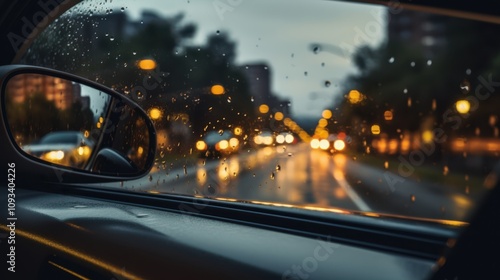 Soft-focus city lights glow through raindrops on a car window, creating a dreamy urban scene of movement and introspection. photo