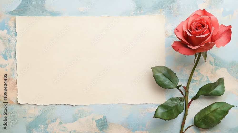 Congratulations card design showcasing a blank paper sheet beside a beautiful rose against a soft pastel background for a heartfelt message. Congratulations card design showcasing a blank paper sheet beside a beautiful rose against a soft pastel background for a heartfelt message.