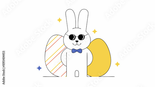 Playful bunny wears sunglasses and a bow tie in front of two large eggs,one with colorful stripes and the other solid yellow.Small, sparkling stars add a whimsical touch to the minimalist design. AI