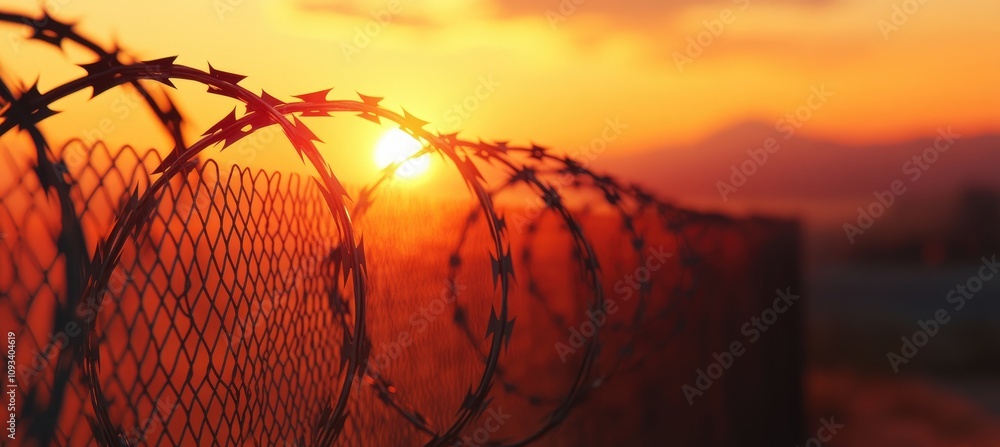 Barbed Wire Fence at Sunset, Sun Setting Behind, Guard Wall of Prison or Military Base, Concept of Freedom and Control Barbed Wire Fence at Sunset, Sun Setting Behind, Guard Wall of Prison or Military Base, Concept of Freedom and Control