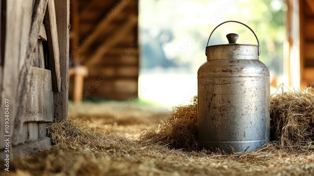 A rustic metal milk can positioned on straw in a sunlit barn, capturing the essence of traditional dairy farming and rural life. A rustic metal milk can positioned on straw in a sunlit barn, capturing the essence of traditional dairy farming and rural life.