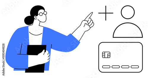 Woman pointing at user profile icon and credit card with plus sign, holding documents. Ideal for user registration, account creation, online banking, financial services, business management, fintech