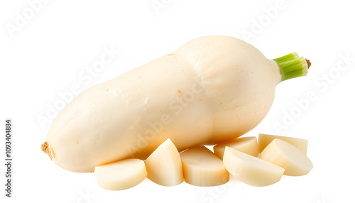 Raw Jicama, Mexican turnip, plant based ketogenic food, prebiotic food for gut health isolated with white highlights, png photo