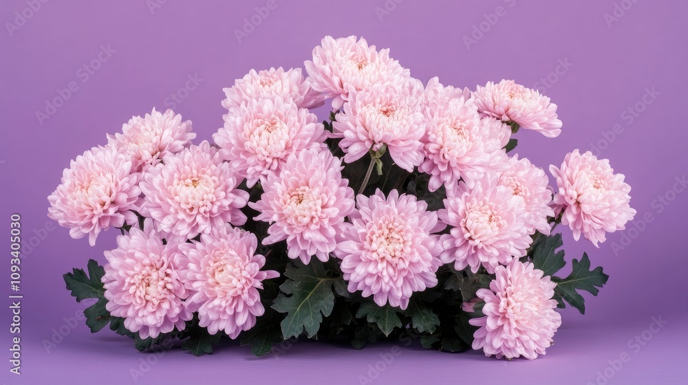 Elegant bouquet of pink chrysanthemums arranged on a soft purple background, perfect for seasonal greetings and special occasions like Mother's Day. Elegant bouquet of pink chrysanthemums arranged on a soft purple background, perfect for seasonal greetings and special occasions like Mother's Day.
