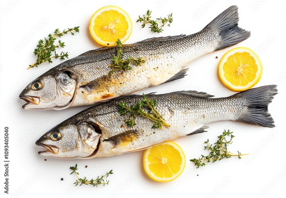 Freshly Caught Fish Arranged with Lemon Slices and Herbs for Culinary Presentation in Professional Kitchen Setting Freshly Caught Fish Arranged with Lemon Slices and Herbs for Culinary Presentation in Professional Kitchen Setting
