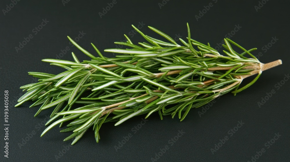 Fresh rosemary sprigs arranged beautifully on a dark background, showcasing their vibrant green color and delicate needle-like leaves. Fresh rosemary sprigs arranged beautifully on a dark background, showcasing their vibrant green color and delicate needle-like leaves.