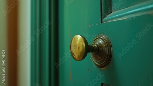 Vintage brass door knob on a vibrant green door highlighting a classic retro design element in an inviting interior setting