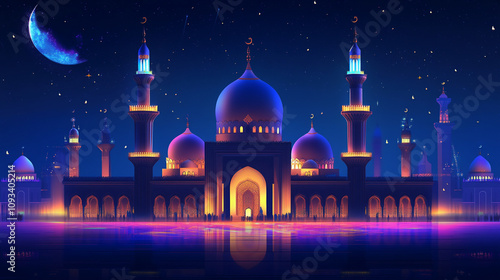 Wallpaper Mural colorful mosque in night with glow effect, A mosque with neon light effect beautifully lit up at night for Eid celebrations, A mosque decorating with light effect  with lights for Eid Mubarak.
 Torontodigital.ca