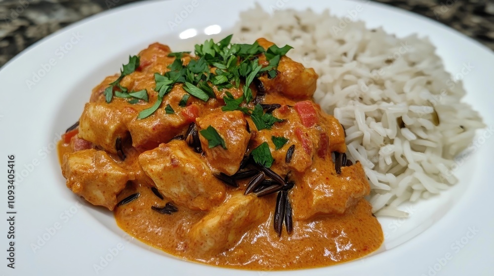 Chicken Tikka Masala garnished with fresh herbs, served alongside a portion of fragrant wild rice on a white plate. Chicken Tikka Masala garnished with fresh herbs, served alongside a portion of fragrant wild rice on a white plate.