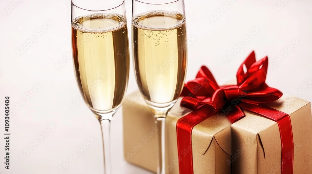 Toasting with champagne flutes beside a beautifully wrapped gift box adorned with a red bow, creating a festive New Year celebration atmosphere. Toasting with champagne flutes beside a beautifully wrapped gift box adorned with a red bow, creating a festive New Year celebration atmosphere.