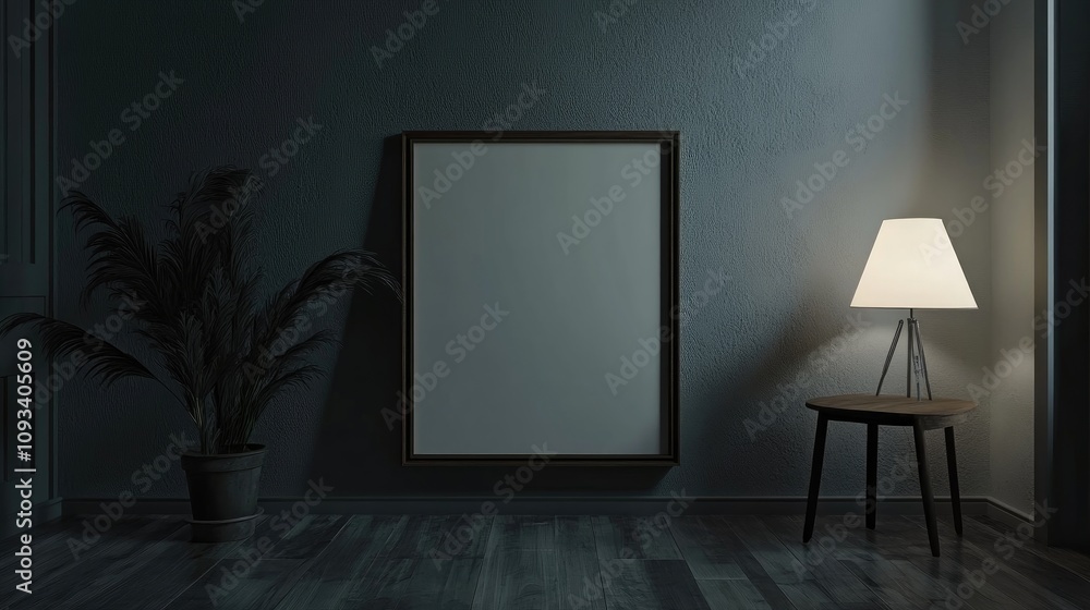3D rendering of an empty picture frame in a modern, minimalist studio with soft low-key lighting and a stylish lamp beside a potted plant 3D rendering of an empty picture frame in a modern, minimalist studio with soft low-key lighting and a stylish lamp beside a potted plant