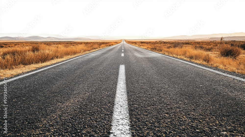 Straight perspective view of an empty asphalt road extending into a distant horizon, flanked by dry grass and mountains under a bright sky. Straight perspective view of an empty asphalt road extending into a distant horizon, flanked by dry grass and mountains under a bright sky.