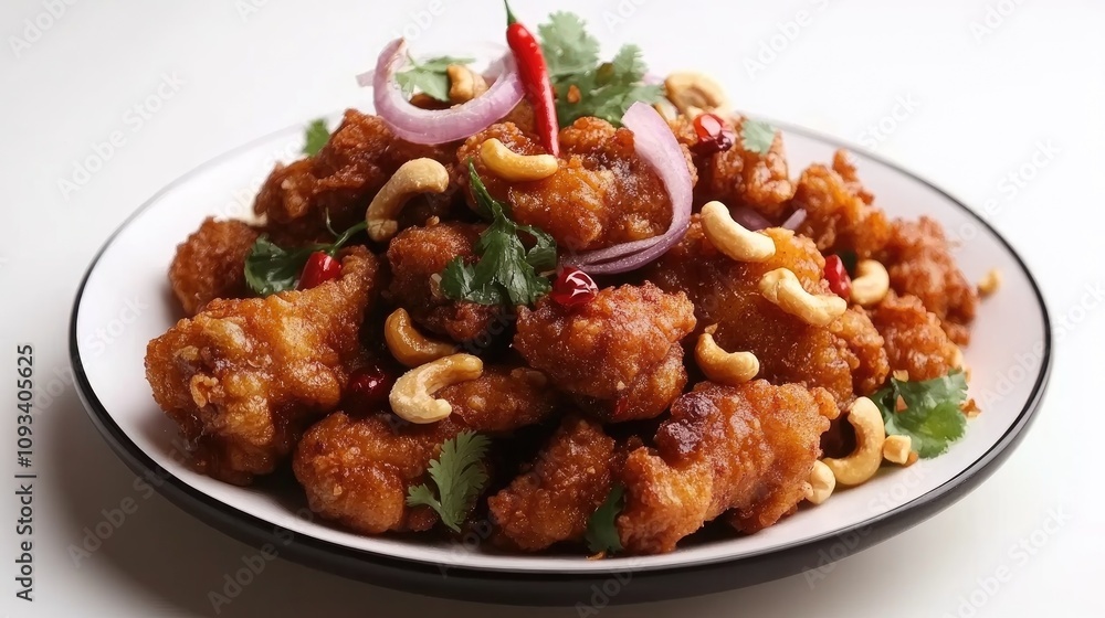 Crispy fried chicken garnished with cashew nuts, red onions, and fresh herbs, beautifully arranged on a white plate with a minimalist backdrop. Crispy fried chicken garnished with cashew nuts, red onions, and fresh herbs, beautifully arranged on a white plate with a minimalist backdrop.