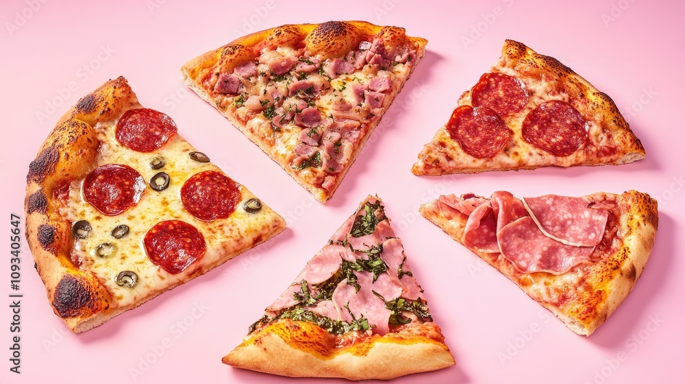 Variety of meat pizza slices showcasing salami, ham, and olives arranged in five pieces on a soft pastel pink background. Variety of meat pizza slices showcasing salami, ham, and olives arranged in five pieces on a soft pastel pink background.