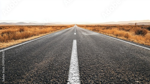 Straight perspective view of an empty asphalt road extending into a distant horizon, flanked by dry grass and mountains under a bright sky.