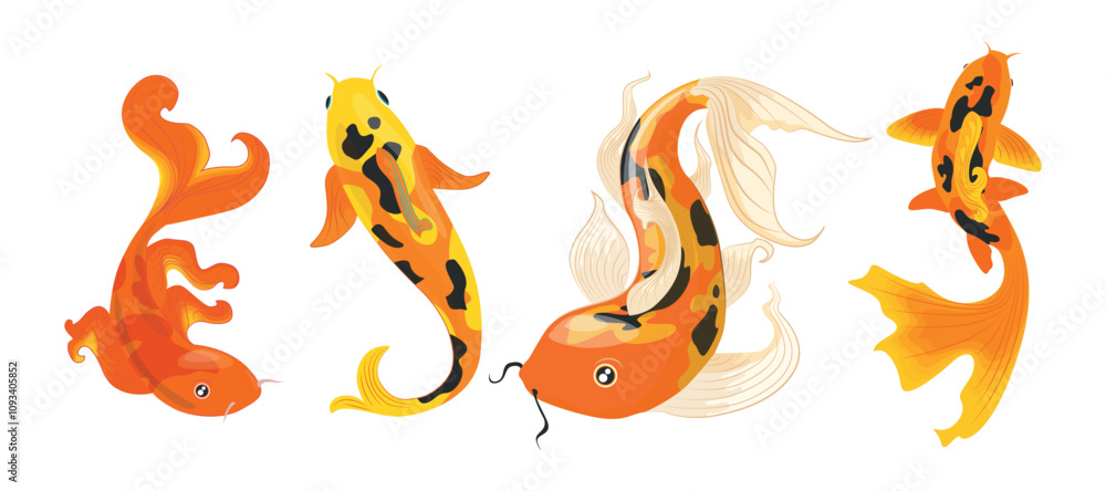 Set of colorful koi carp in cartoon style. Vector illustration of decorative Japanese koi carp with spotted color, fins, tails isolated on white background. Red, green, yellow, gold koi fish. Set of colorful koi carp in cartoon style. Vector illustration of decorative Japanese koi carp with spotted color, fins, tails isolated on white background. Red, green, yellow, gold koi fish.