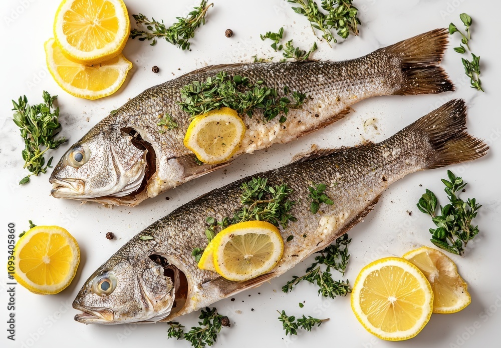 Freshly Caught Whole Fish with Lemon Slices and Herbs on White Background, Perfect for Seafood Recipes and Culinary Inspirations in Food Photography Freshly Caught Whole Fish with Lemon Slices and Herbs on White Background, Perfect for Seafood Recipes and Culinary Inspirations in Food Photography