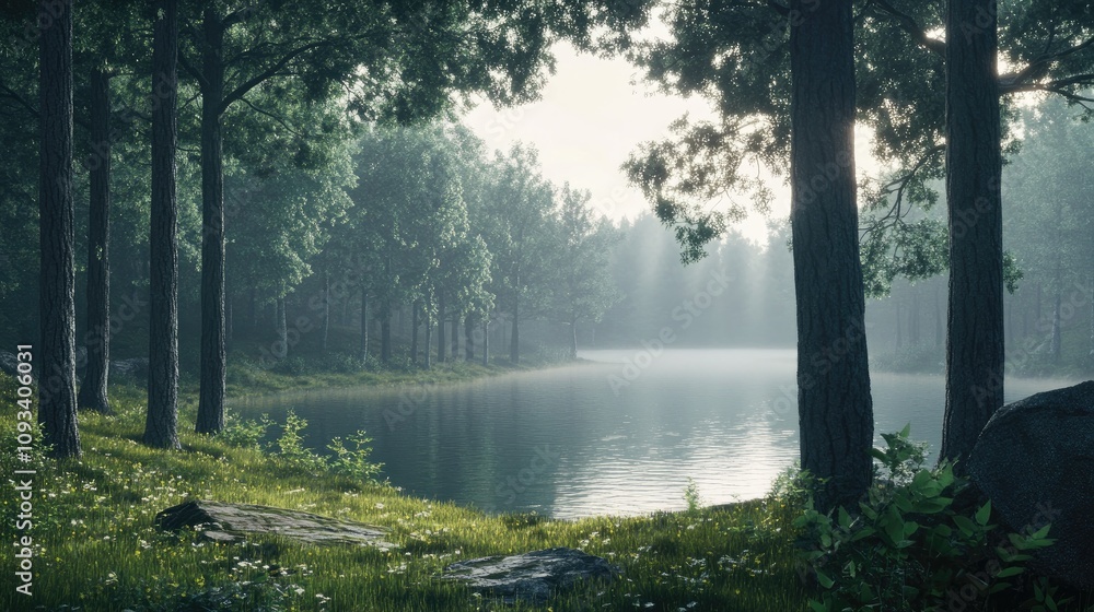 Serene morning forest landscape by a tranquil lake, shrouded in enchanting fog with sunlight filtering through lush trees and gentle vegetation. Serene morning forest landscape by a tranquil lake, shrouded in enchanting fog with sunlight filtering through lush trees and gentle vegetation.