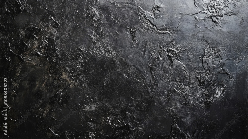 Fototapeta premium Textured black chalkboard surface with a deep, matte finish, complemented by a rough black wall background, creating a dramatic visual contrast.