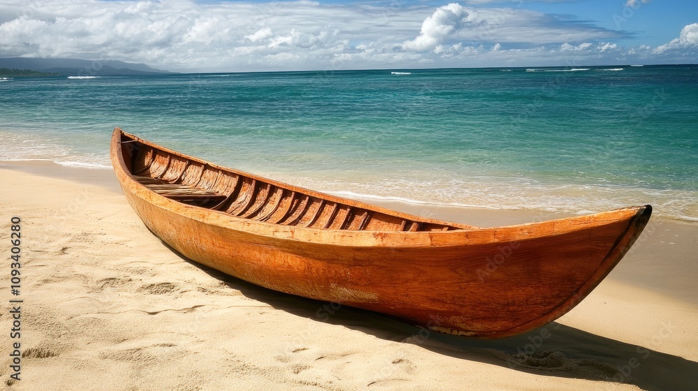 Hawaiian canoe nestled on soft sandy beach with clear turquoise waters and a backdrop of clouds and blue sky. Hawaiian canoe nestled on soft sandy beach with clear turquoise waters and a backdrop of clouds and blue sky.