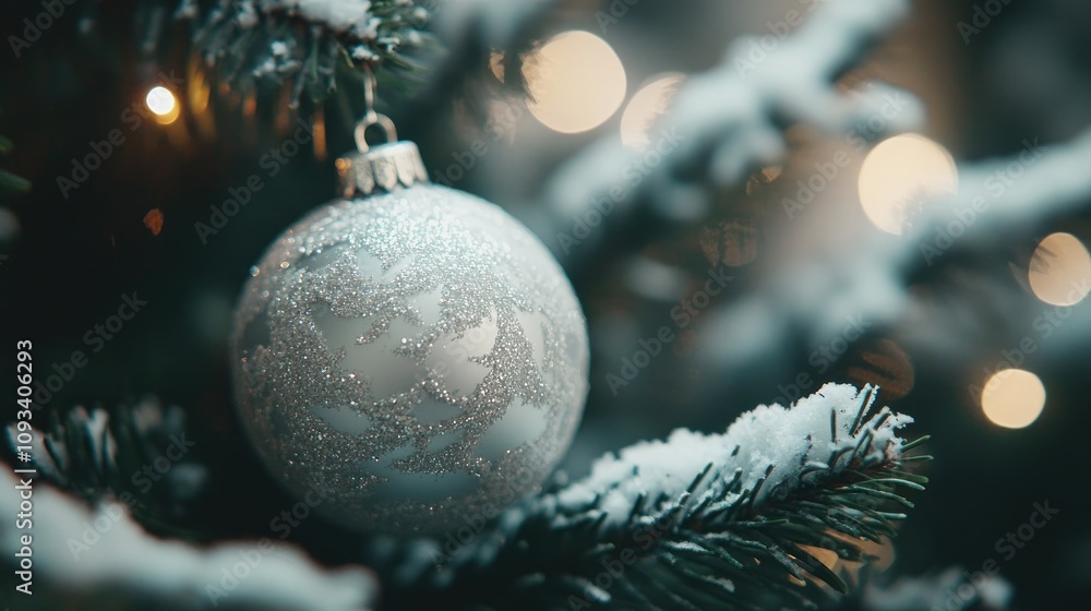 Close-up of a silver Christmas tree ornament with intricate details, surrounded by soft snow and warm bokeh lights, evoking a festive holiday mood. Close-up of a silver Christmas tree ornament with intricate details, surrounded by soft snow and warm bokeh lights, evoking a festive holiday mood.