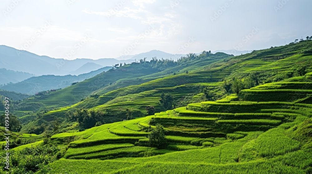 Lush terraced vegetable fields with rich green hues under a serene blue sky, showcasing the beauty of nature and agricultural prosperity in a mountainous landscape. Lush terraced vegetable fields with rich green hues under a serene blue sky, showcasing the beauty of nature and agricultural prosperity in a mountainous landscape.