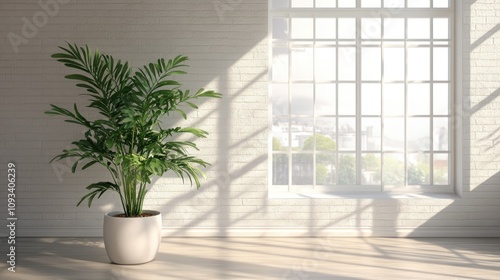 Bright interior featuring a large window alongside a vibrant potted plant, creating a serene and inviting atmosphere rich in natural light.