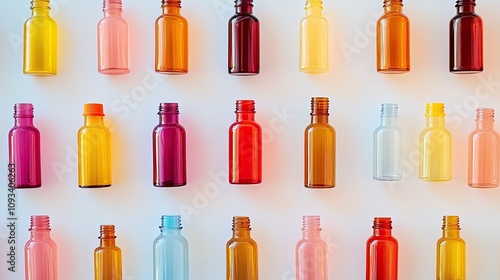 A collection of colorful vitamin bottles arranged neatly on a bright white surface.