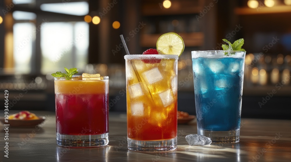 Colorful cocktails in stylish glasses showcasing vibrant hues, garnished with fruit and mint, set against an elegant bar backdrop with warm lighting. Colorful cocktails in stylish glasses showcasing vibrant hues, garnished with fruit and mint, set against an elegant bar backdrop with warm lighting.