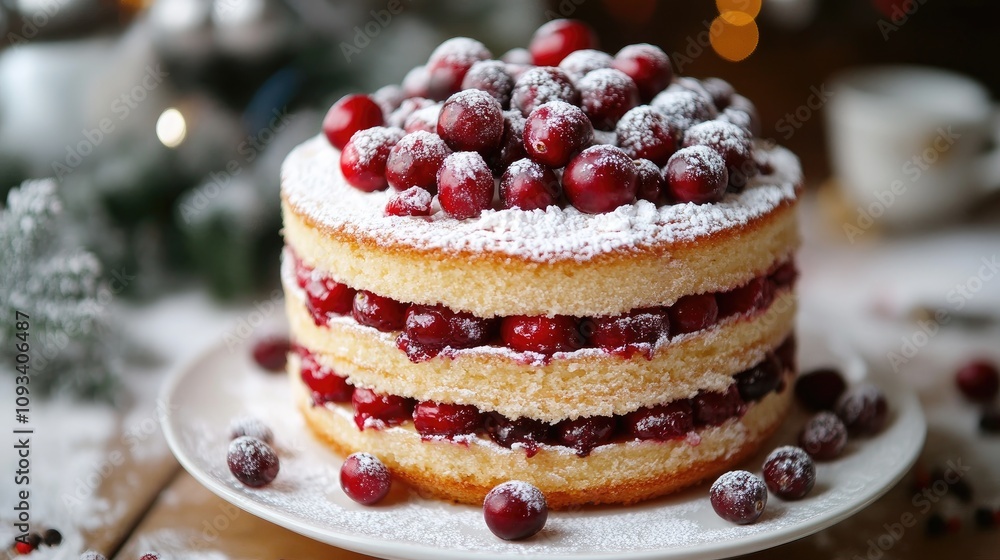 Layered Christmas cake featuring vibrant cranberries and a delicate dusting of powdered sugar, capturing festive elegance and delicious charm. Layered Christmas cake featuring vibrant cranberries and a delicate dusting of powdered sugar, capturing festive elegance and delicious charm.