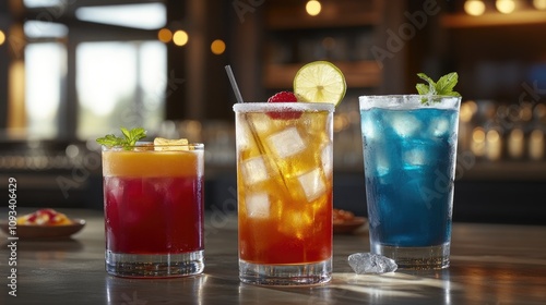 Wallpaper Mural Colorful cocktails in stylish glasses showcasing vibrant hues, garnished with fruit and mint, set against an elegant bar backdrop with warm lighting. Torontodigital.ca