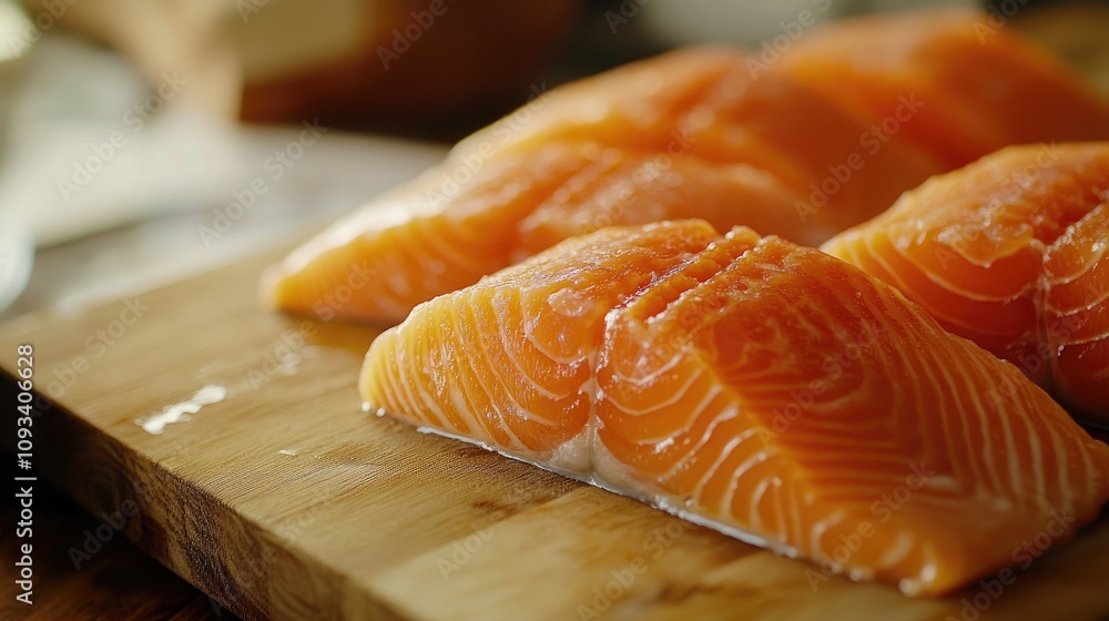 Freshly sliced salmon fillets arranged artistically on a wooden cutting board, highlighting their vibrant color and intricate textures in a rustic kitchen setting. Freshly sliced salmon fillets arranged artistically on a wooden cutting board, highlighting their vibrant color and intricate textures in a rustic kitchen setting.