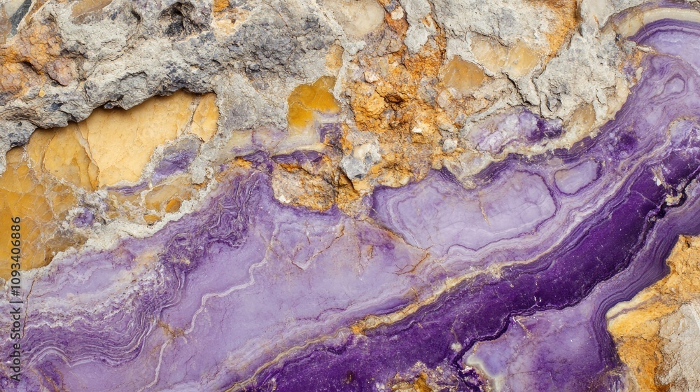 Fototapeta premium Vibrant close-up of charoite mineral showcasing striking purple hues and intricate veining against a textured, natural stone backdrop.