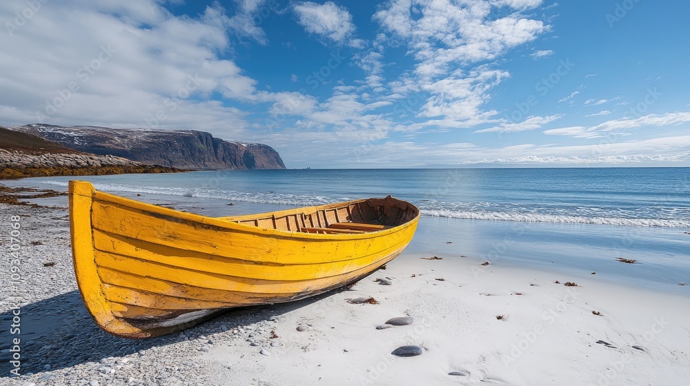 Vibrant Yellow Boat Beached on Serene White Sand Shore Under a Bright Blue Sky with Dramatic Cliffs in the Background Vibrant Yellow Boat Beached on Serene White Sand Shore Under a Bright Blue Sky with Dramatic Cliffs in the Background