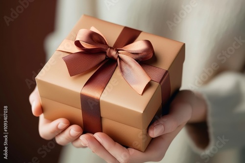 Woman hand holding elegant gift box, Generative AI