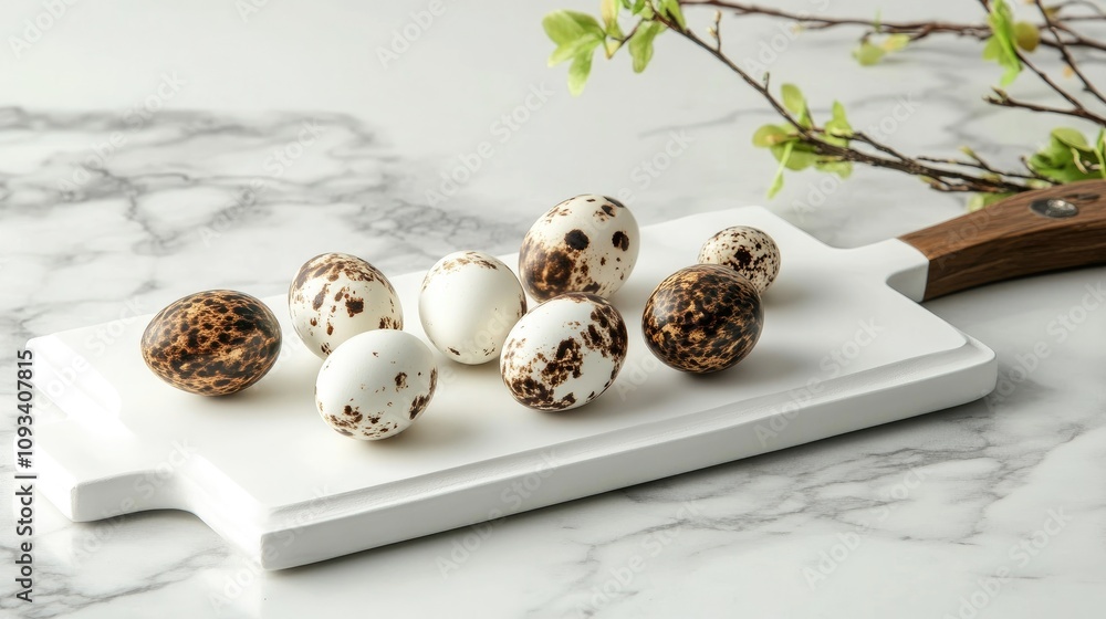 Obraz premium Quail eggs artfully arranged on a white cutting board alongside green branches, showcasing a natural setting and elegant simplicity.