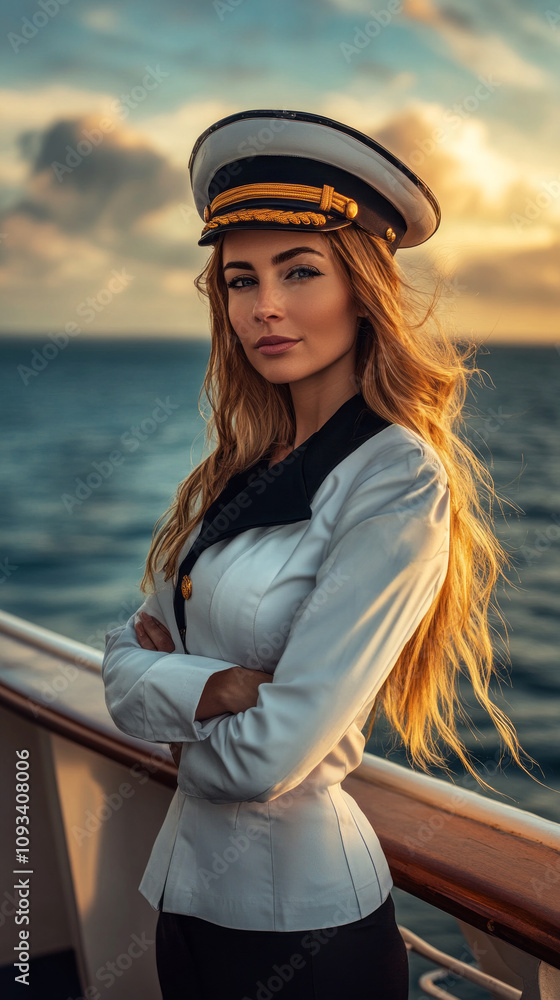 A composed and charismatic female captain on the bridge of a grand cruise ship, her uniform and confident stance reflecting leadership against the serene ocean backdrop A composed and charismatic female captain on the bridge of a grand cruise ship, her uniform and confident stance reflecting leadership against the serene ocean backdrop