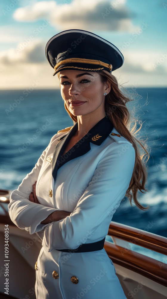 A composed and charismatic female captain on the bridge of a grand cruise ship, her uniform and confident stance reflecting leadership against the serene ocean backdrop A composed and charismatic female captain on the bridge of a grand cruise ship, her uniform and confident stance reflecting leadership against the serene ocean backdrop