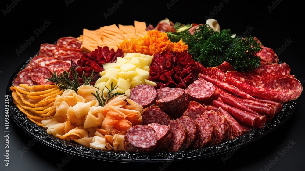 Smoked meat and cheese platter with salami, assorted vegetables, and garnishes arranged artistically on a decorative black tray. Smoked meat and cheese platter with salami, assorted vegetables, and garnishes arranged artistically on a decorative black tray.