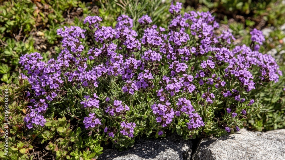 Vibrant cluster of blooming purple wild thyme flowers with delicate petals thriving among lush greenery in a sunny summer meadow. Vibrant cluster of blooming purple wild thyme flowers with delicate petals thriving among lush greenery in a sunny summer meadow.