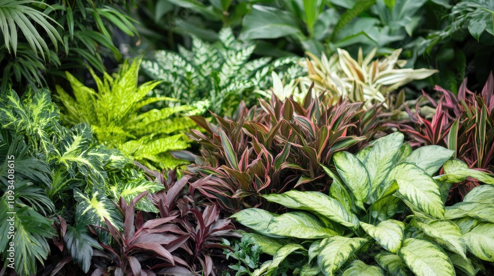 Obraz premium Lush tropical foliage in varying shades of green and brown, showcasing a vibrant texture and diverse plant leaves for a rich backdrop.
