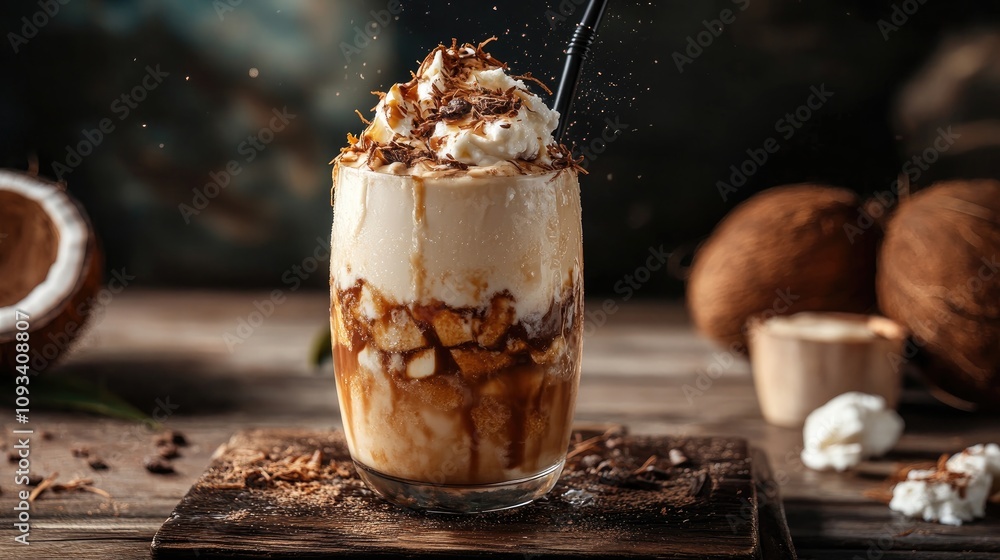 Decadent coconut cream beverage topped with whipped cream and chocolate shavings, served in a glass with fresh coconuts in the background. Decadent coconut cream beverage topped with whipped cream and chocolate shavings, served in a glass with fresh coconuts in the background.