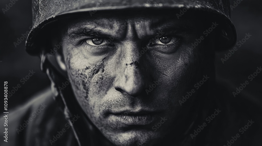 Close-Up Portrait of a WWII Soldier in Monochrome with Intense Expression and Wartime Details Highlighting Resilience and Grit Close-Up Portrait of a WWII Soldier in Monochrome with Intense Expression and Wartime Details Highlighting Resilience and Grit
