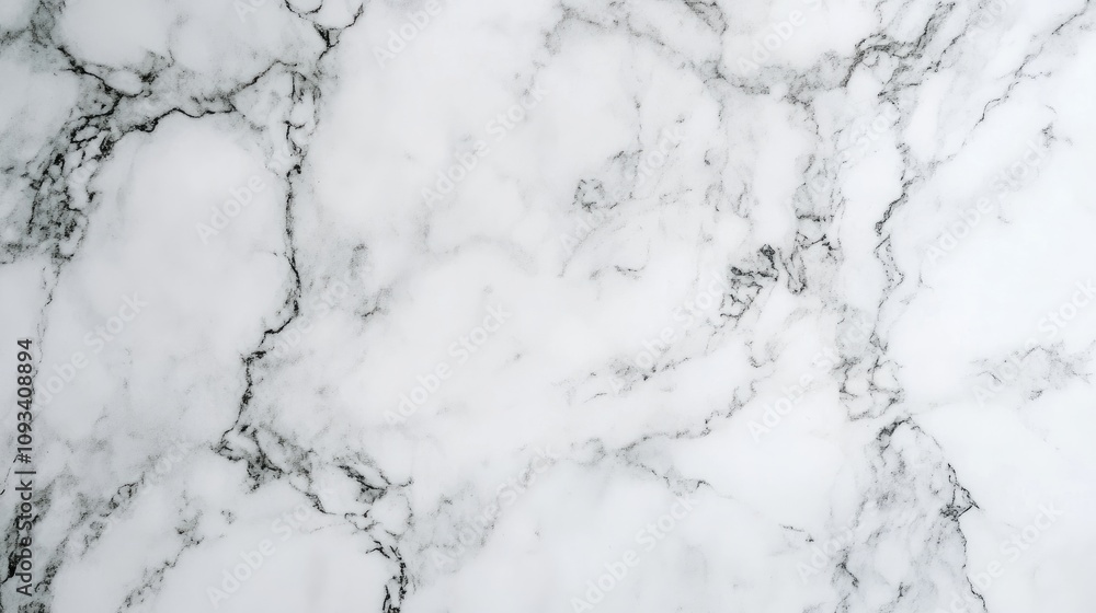 Fototapeta premium Sleek white marble countertop with elegant veining, complemented by a matching marble wall in a modern kitchen setting, showcasing luxury design.