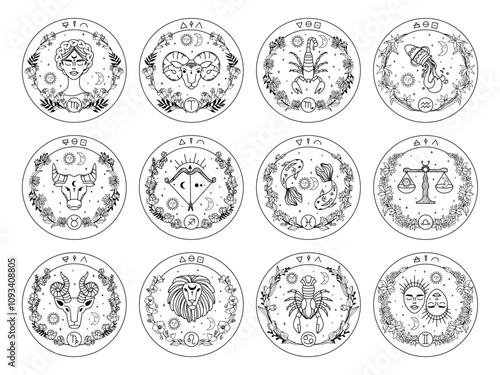 Set of cards with zodiac signs. horoscope. Astrological zodiac signs in linear style. 12 characters.  Flat vector illustration, eps10