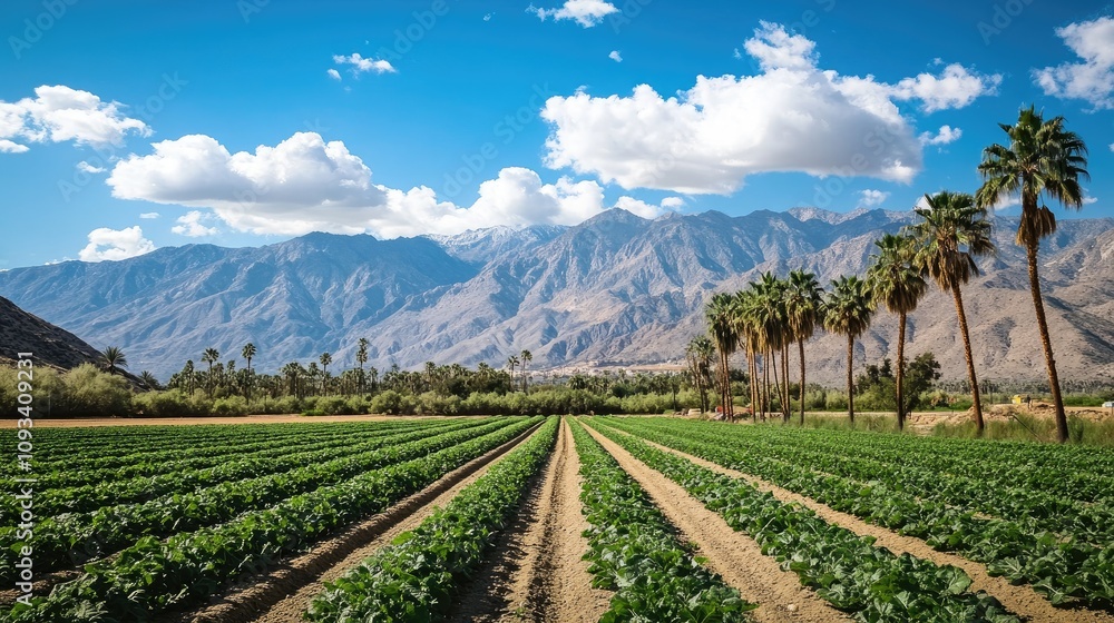 Fototapeta premium Vibrant organic farmland with lush green crops under a bright blue sky, framed by palm trees and majestic mountains reflecting a fertile landscape.