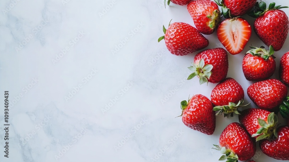 Vibrant Fresh Strawberries Displayed on a Light Marble Surface with One Cut Strawberry in the Corner Vibrant Fresh Strawberries Displayed on a Light Marble Surface with One Cut Strawberry in the Corner