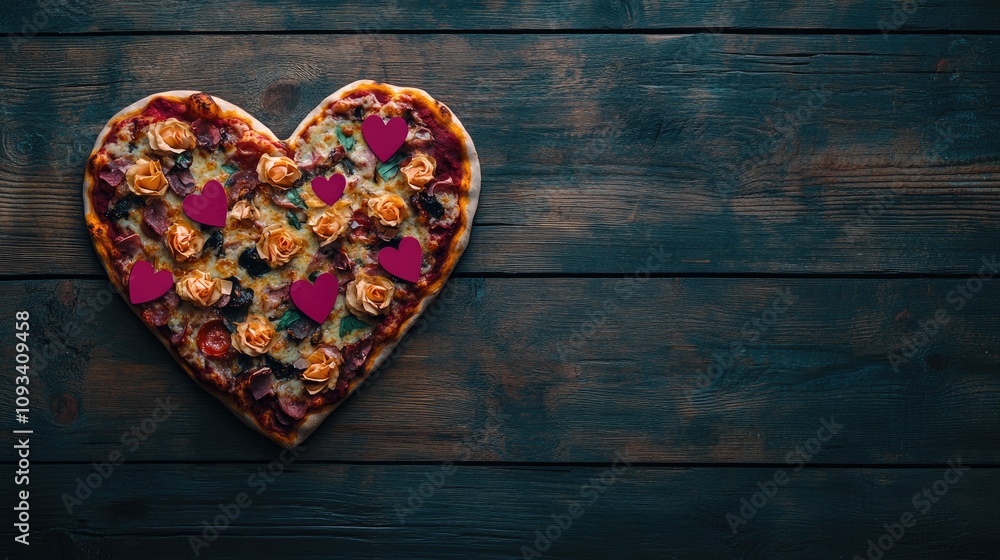 Heart-shaped pizza adorned with floral toppings on a dark rustic wooden surface, perfect for Valentine's Day, featuring ample space for text or imagery. Heart-shaped pizza adorned with floral toppings on a dark rustic wooden surface, perfect for Valentine's Day, featuring ample space for text or imagery.