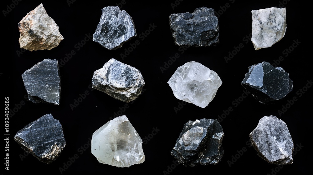 Collection of dark grey and black natural stones arranged on a sleek black backdrop, showcasing unique textures and geological features ideal for study. Collection of dark grey and black natural stones arranged on a sleek black backdrop, showcasing unique textures and geological features ideal for study.